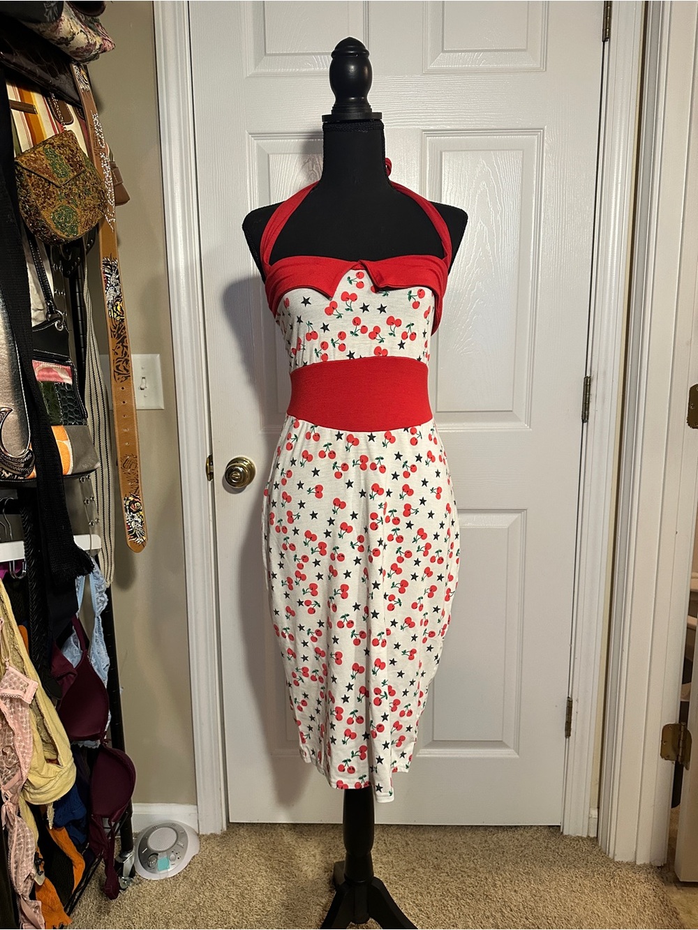 Red Halter Cherry Print Midi Dress